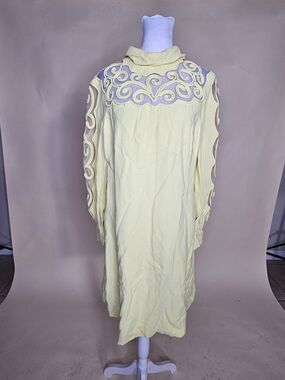 Vintage 1960s Light Yellow Embroidered Mock-Neck Dress